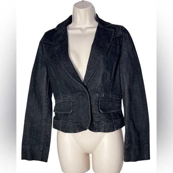 Ann Taylor LOFT Size 8 Denim Cotton Blend Black Jean Blazer Jacket - Picture 1 of 14